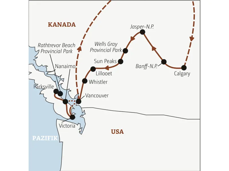 Die Rundreise mit YOUNG LINE nach Kanada führt von Calgary durch die Rocky Mountains über die Nationalparks Banff und Jasper bis an den Pazifik nach Vancouver Island.