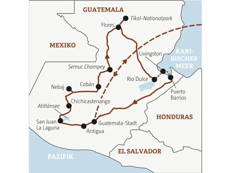 Die Rundreise mit YOUNG LINE durch Guatemala führt dich von Guatemala-Stadt zum Atitlánsee, nach Cobán, Flores, zum Tikal-Nationalpark, nach Livingstone und Puerto Barrios.