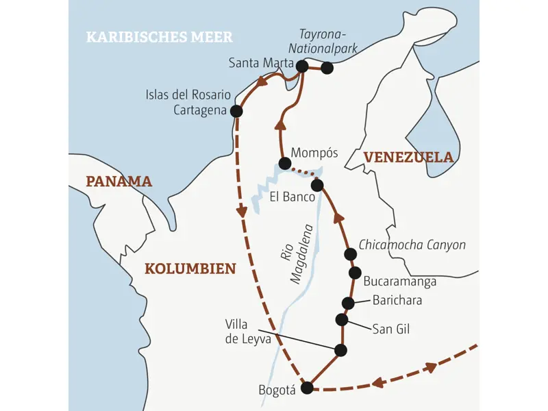 Die Rundreise mit YOUNG LINE durch Kolumbien führt dich von Bogotá nach Bucaramanga bis Santa Marta und Cartagena.