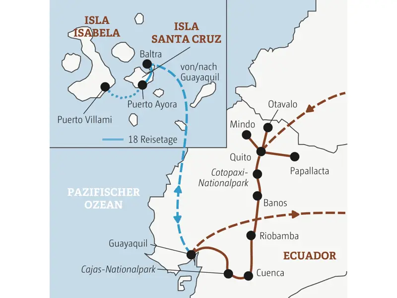 Die Rundreise mit YOUNG LINE durch Ecuador führt dich von Quito nach Mindo, Otavalo, in den Cotopaxi-Nationalpark, nach Banos, Riobamba, Cuenca, Guayaquil und auf Wunsch nach Galápagos.