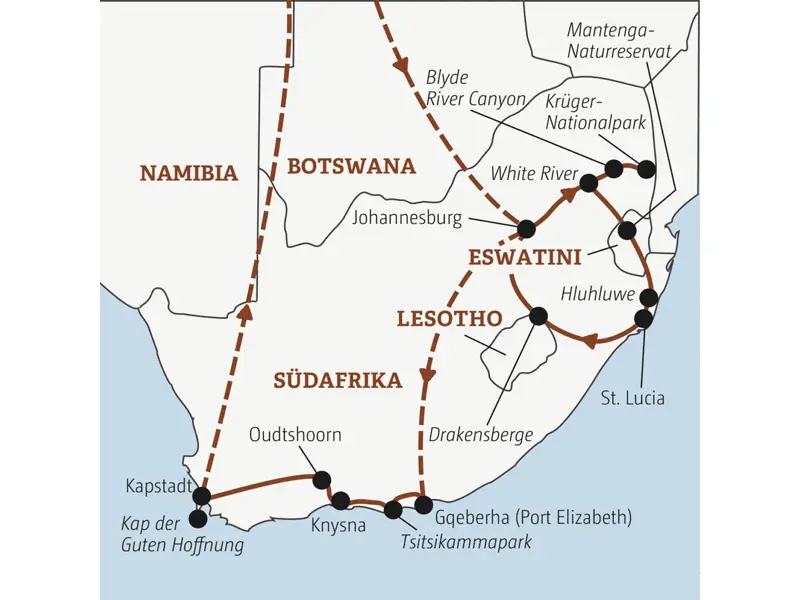 Die Rundreise mit YOUNG LINE durch Südafrika führt dich von Johannesburg in den Krüger-Nationalpark, nach Eswatini, in die Drakensberge, nach Knysna und Kapstadt.