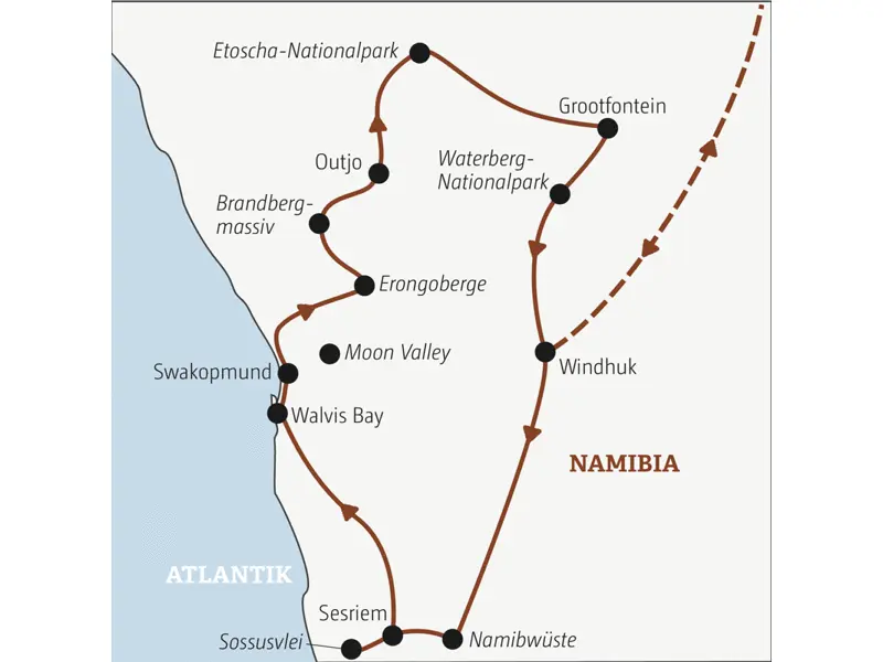 Die Rundreise mit YOUNG LINE durch Namibia führt dich von Windhuk zum Sossusvlei, nach Swakopmund, in das Brandbergmassiv, den Etoscha-Nationalpark und nach Grootfontein.