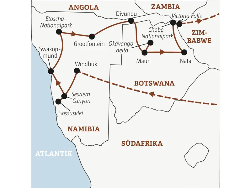 Die Rundreise mit YOUNG LINE durch Namibia und Botswana führt von Windhuk über die Kalahari nach Gobabis und weiter über das Okavangodelta und den Chobepark nach Victoria Falls.