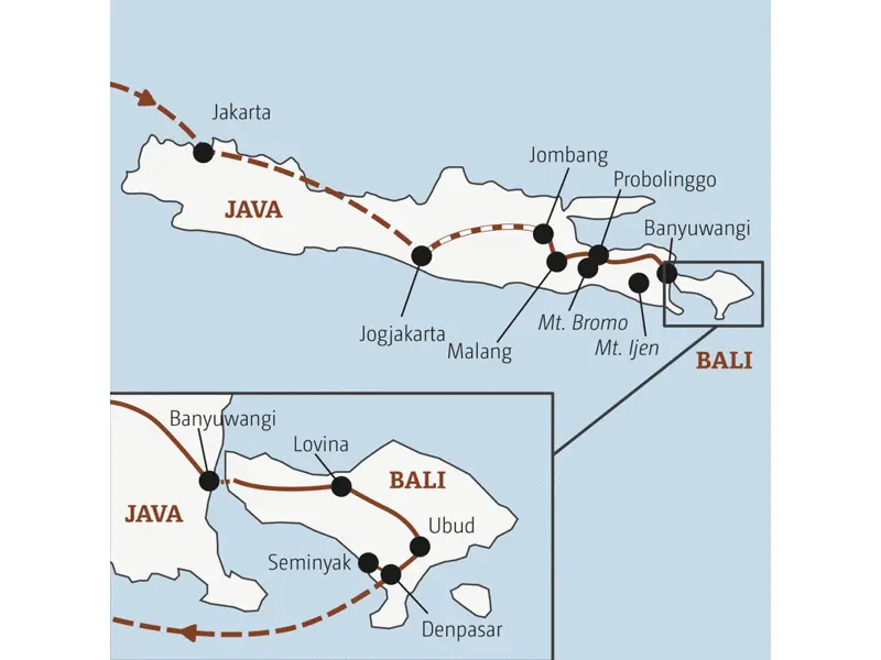 Die Rundreise mit YOUNG LINE durch Indonesien führt dich von Jakarta über Jogjakarta und den Mt. Bromo nach Lovina, Ubud und Seminyak.