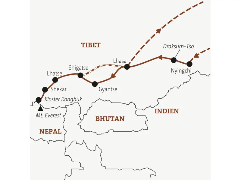 Diese Rundreise mit YOUNG LINE durch Tibet führt dich von Nyingchi über Lhasa, Gyantse, Shigatse und Lhatse bis zum Kloster Rombuk am Fuß des Mt. Everest.