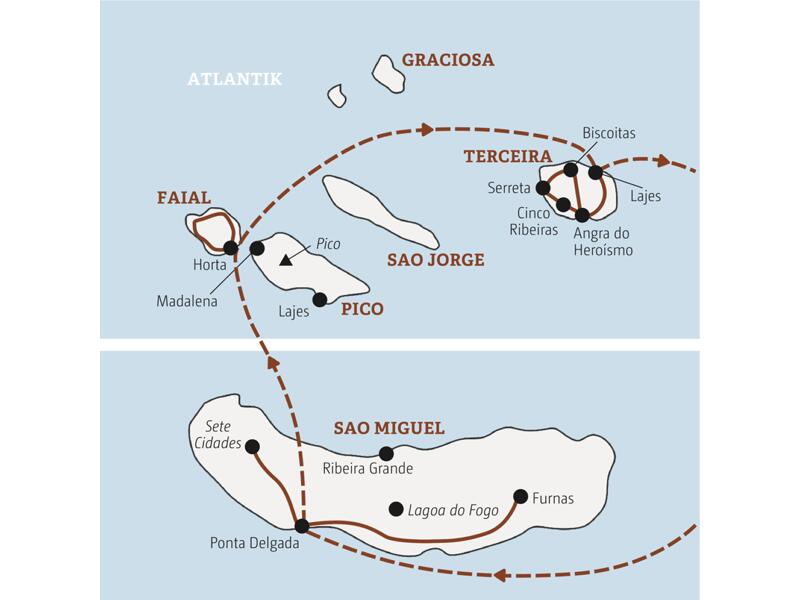 Die Karte zeigt den Verlauf unserer Rundreise über die Azoren im Team: Ponta Delgada auf Sao Miguel, Angra do Heroísmo auf Terceira, Horta, Pico, Furnas.