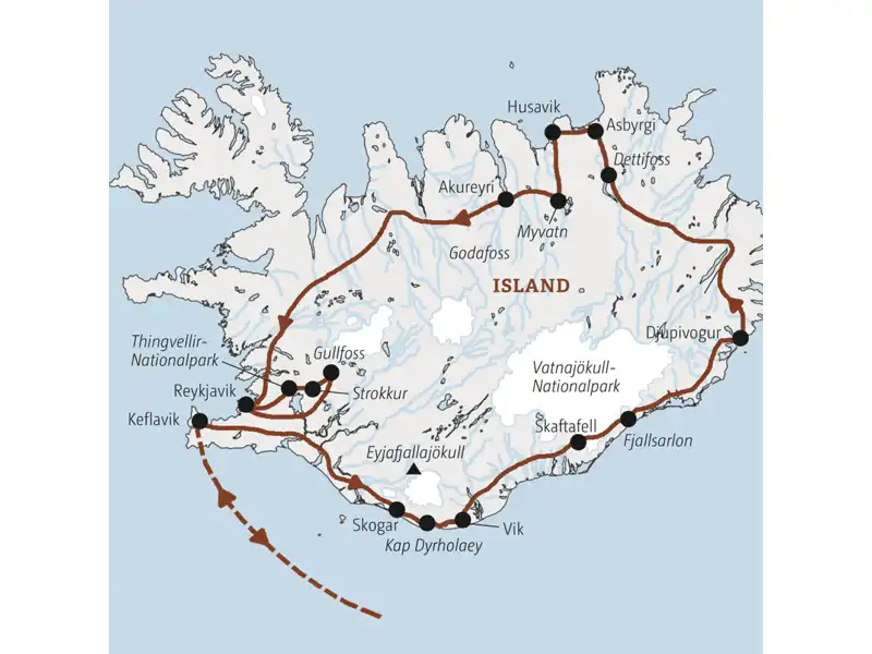 Unsere Marco Polo Rundreise nach Island führt rund um die Insel - von der Südküste über den Vatnajökull-Nationalpark und die Ostfjorde nach Asbyrgi, Husavik und Akureyri. Am Ende geht es zurück nach Reykjavik und zum Golden Circle.