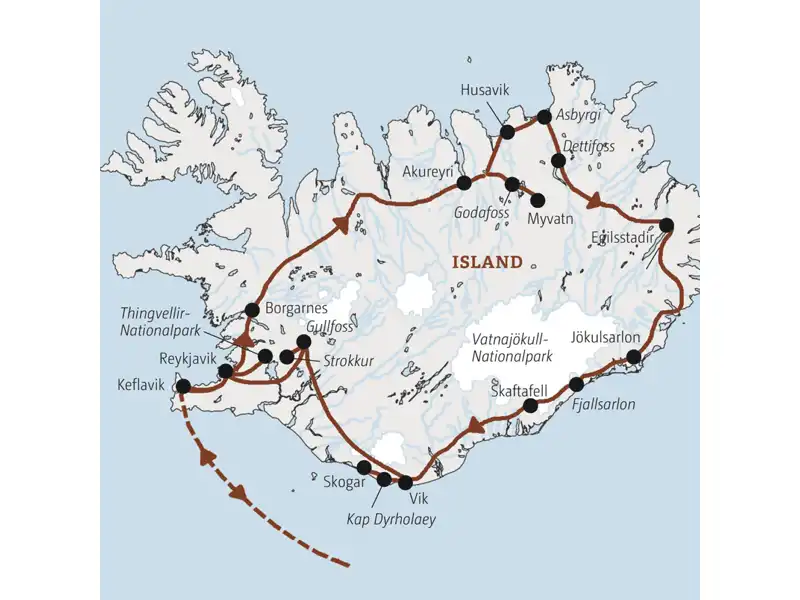 Reisekarte zur Marco Polo Reise nach Island - Aktiv entdecken, mit einigen Wanderungen.