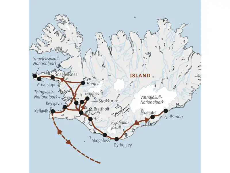 In kleiner Gruppe erleben wir Island im Winter. Auf dieser Marco Polo Rundreise in der Mini-Gruppe entdecken wir bizarre Eisformationen und dampfende Geysire. Gute Chancen, Polarlichter zu sehen!