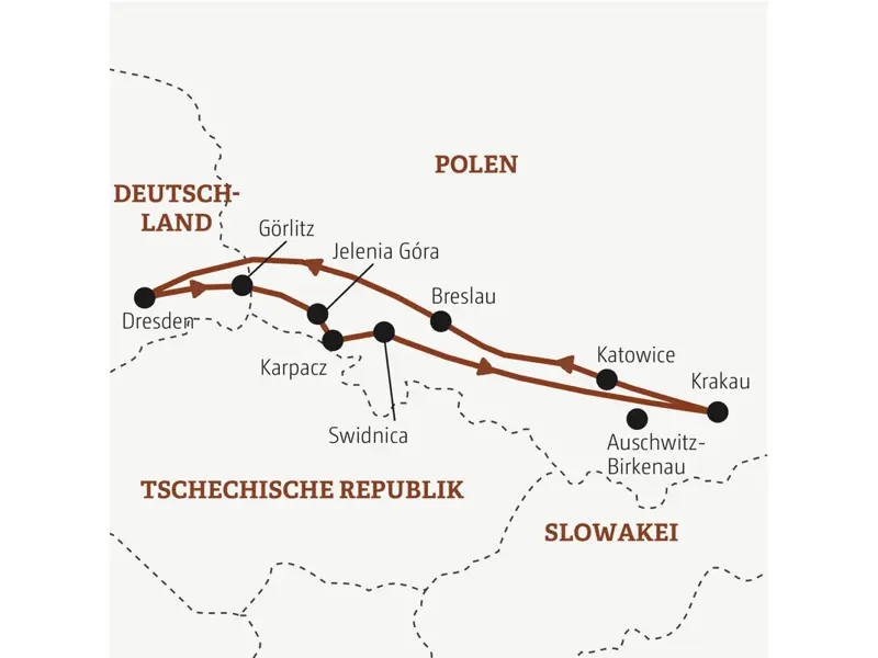 Auf dieser Marco Polo Rundreise erleben Sie das südliche Polen von Dresden über Swidnica nach Krakau und zurück über Katowice und Breslau.