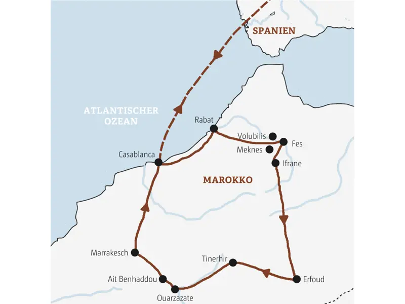 Auf unserer Rundreise durch Marokko erleben wir die Königsstädte Rabat, Fes und Marrakesch, überqueren den Hohen Atlas zu den Sanddünen der Sahara, fahren entlang der Straße der Kasbahs und erkunden die Berberburg von Ait Benhaddou.