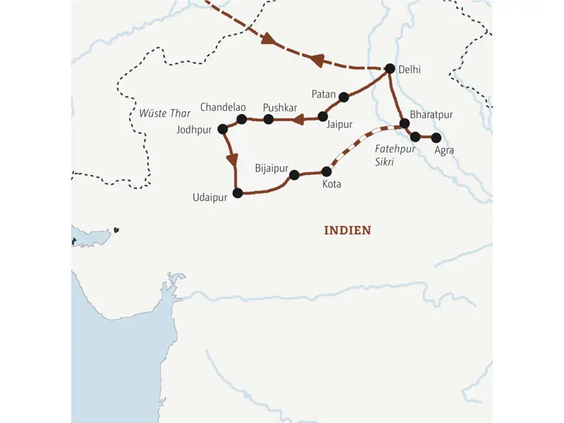 Die Karte zeigt den Verlauf der Rundreise durch Rajasthan in kleiner Gruppe: Delhi, Patan, Jaipur, Pushkar, Chandelao, Jodhpur, Udaipur, Bijaipur, Kota, Fatehpur Sikri, Bharatpur, Agra.