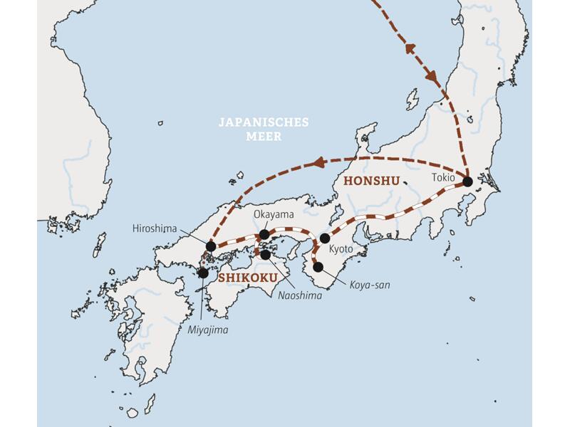 Die Route dieser Japanreise in der Marco Polo Mini-Gruppe führt von Hiroshima über Okayama, die Kunstinsel Naoshima und Kyoto bis nach Tokio.