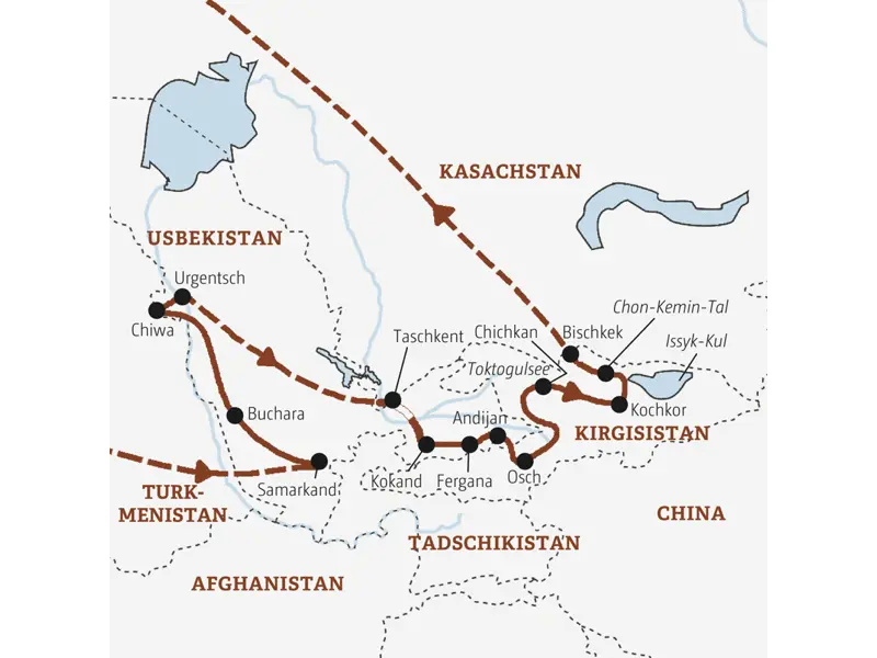 Die Karte zeigt den Verlauf der Entdeckerreise Usbekistan - Kirgisistan: Samarkand, Buchara, Chiwa, Urgentsch, Taschkent, Kokand, Fergana, Osch, Toktogulsee, Kochkor, Bischkek.