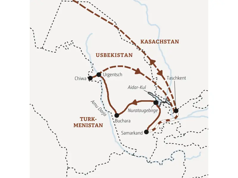 Die Karte zeigt den Verlauf unserer Marco Polo Usbekistan-Rundreise in kleiner Gruppe: Taschkent, Samarkand, Nurataugebirge, Buchara, Chiwa, Urgentsch.