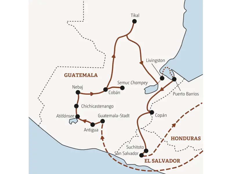 Die Reise mit Marco Polo in der Mini-Gruppe durch Guatemala und El Salvador führt Sie von Guatemala-Stadt über Antigua, den Atitlánsee, Cobán und Tikal an die Karibikküste nach Livingston. Weiter geht es mit einem Abstecher nach Copán in Honduras und nach Suchitoto in El Salvador.