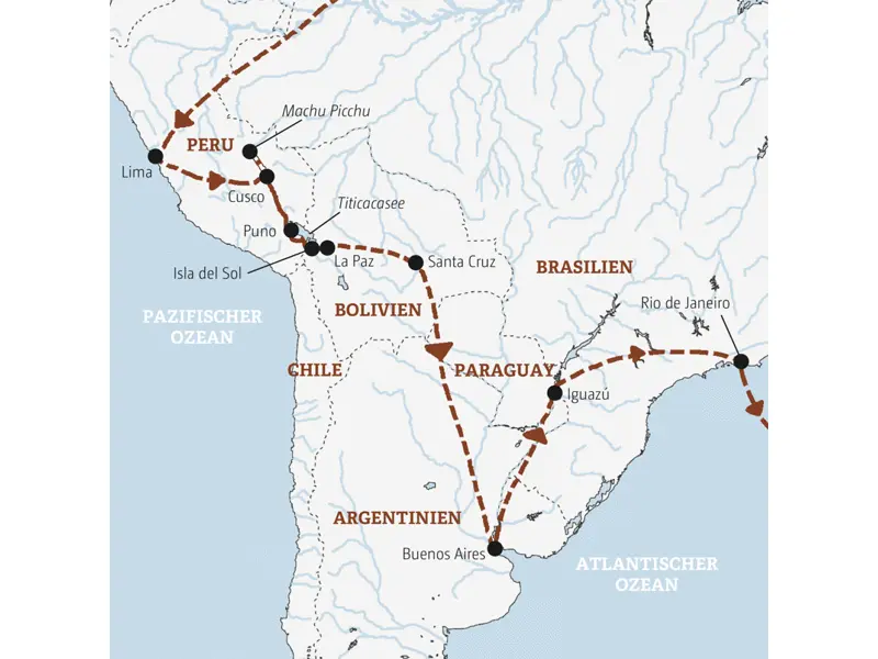 Unsere Marco Polo-Reise durch Südamerika führt Sie von Peru über Bolivien und Argentinien nach Brasilien - Machu Picchu ist ebenso dabei wie der Titicacasee und die Wasserfälle von Iguazú.