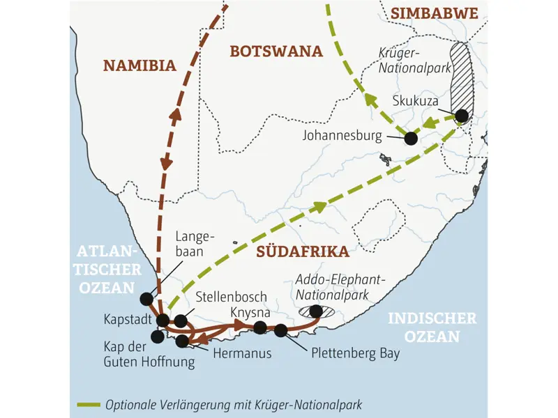 Diese Rundreise durch Südafrika mit Marco Polo in kleiner Gruppe führt Sie von Kapstadt entlang der Gartenroute.