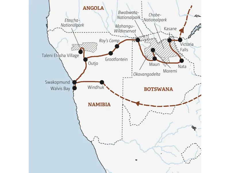 Überlandtour vom Atlantik zu den Viktoriafällen, quer durch Namibia und Botswana. Ein Safari-Erlebnis der besonderen Art in kleiner Gruppe,