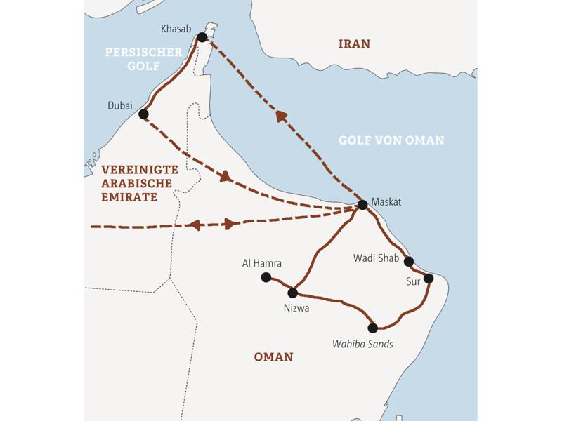 Ihre Marco Polo Reise beginnt in Maskat. Weitere Stationen: Sur, die Wüste Wahiba Sands und Nizwa.  Von Maskat fliegen Sie in die Exklave Musandam. Von dort geht es über Land nach Dubai, von wo Sie in die Heimat zurückfliegen.