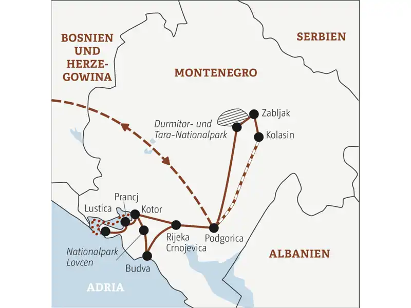 Reisekarte der  Marco Polo Rundreise durch  Montenegro mit Kotor, Budva und Durmitor-Nationalpark.