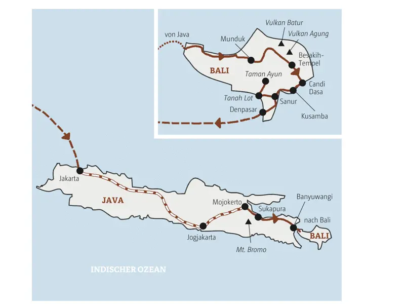 Diese Entdeckerreise mit Marco Polo führt Sie von Jakarta mit der Bahn nach Yogjakarta und zum Mt. Bromo und mit der Fähre nach Bali.