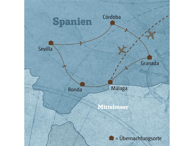 Diese Karte zeigt den Verlauf Ihrer individuellen Rundreise durch Andalusien: sie führt von Málaga über Ronda, Sevilla, Cordoba,  Granada und zurück nach Malaga.