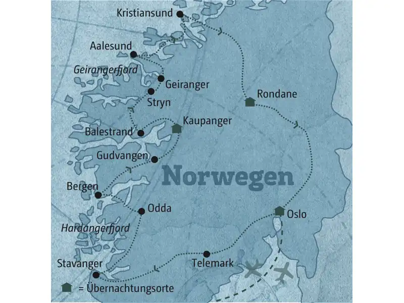 Karte der individuellen Norwegen Mietwagenreise 1595