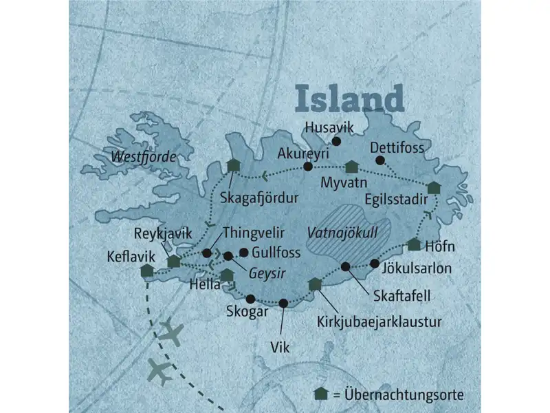 Diese Karte zeigt den Verlauf Ihrer individuellen 10-tägigen Mietwagenreise Island: Reykjavik, Golden Circle, Hella, Skogar, Vik, Kirkjubaejarklaustur, Jökulsarlon, Höfn, Egilsstadir, Dettifoss, Myvatn, Akureyri, Skagafjördur, Keflavik.