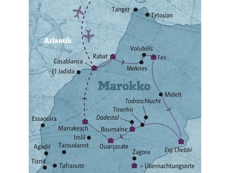 Diese individuelle Rundreise führt Sie zu den Höhepunkten Marokkos, wie die Königstädte Marrakesch, Rabat und Fes sowie in die Wüste und das Atlasgebirge.