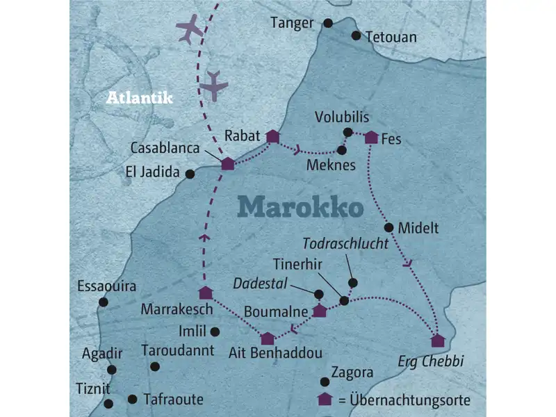 Diese individuelle Rundreise führt Sie zu den Höhepunkten Marokkos, wie die Königstädte Marrakesch, Rabat und Fes sowie in die Wüste und das Atlasgebirge.