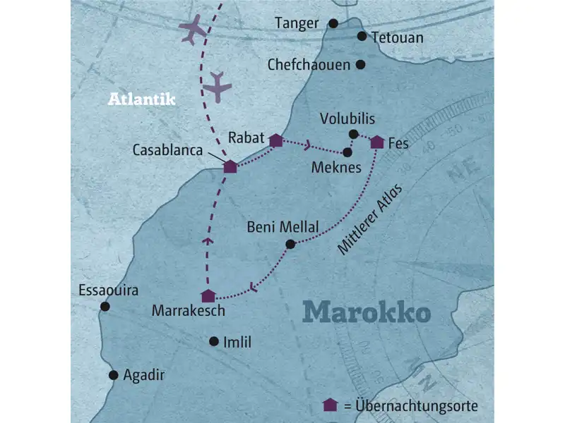 Ihre individuelle Reiseroute durch Marokko führt Sie zu den zauberhaften Königsstädten Casablanca, Meknes, Fes und Marrakesch.