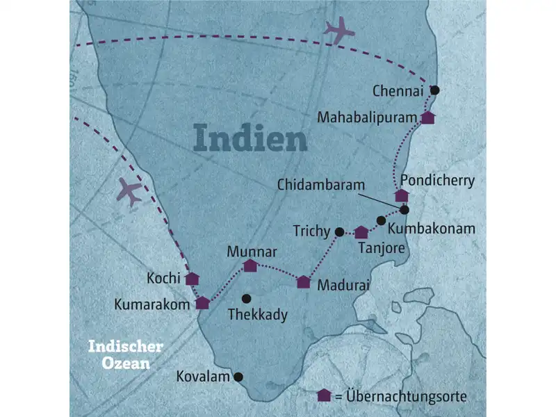 Die Route Ihrer individuellen Rundreise durch Südindien startet in Chennai und führt über Mahabalipuram, Pondicherry, Tanjore, Madurai, Munnar und Kumarakom nach Kochi.