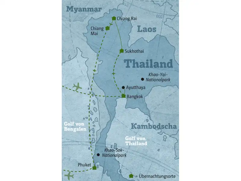 Ihre individuelle Rundreise durch Thailand führt Sie von Bangkok über Ayutthaya und Sukhotai nach Chiang Rai und weiter über Chiang Mai nach Phuket.