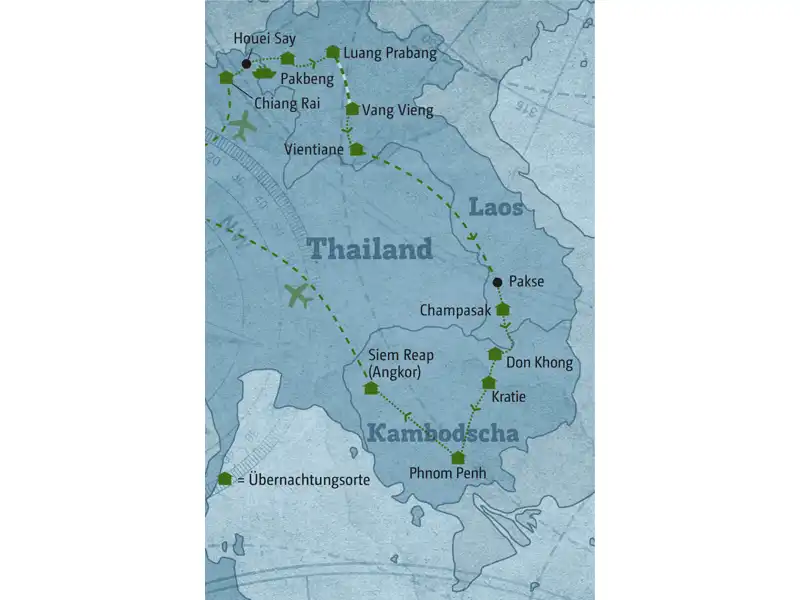 Erkunden Sie Laos von Nord nach Süd und reisen Sie über Land weiter nach Kambodscha. Das Highlight mit Angkor Wat am Ende darf natürlich nicht fehlen.