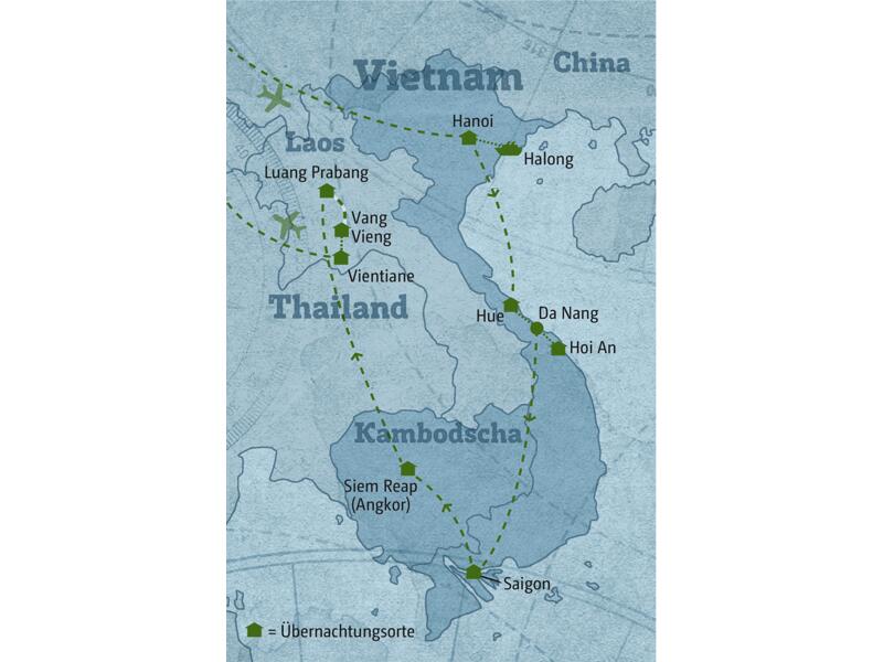 Reisekarte der Marco Polo Individuell Rundreise 5283 Vietnam –Kambodscha - Laos