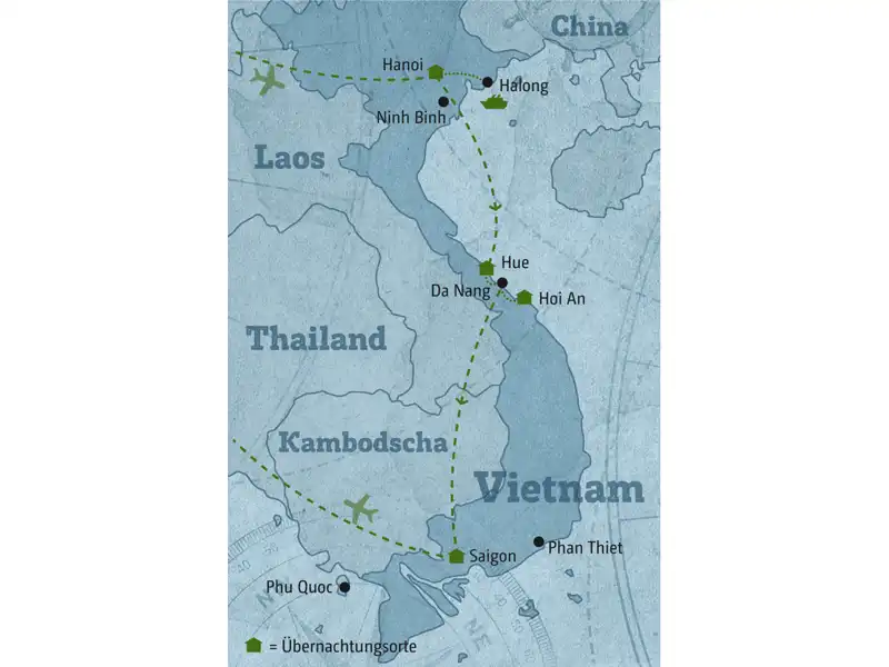 Ihre Reise durch Vietnam führt Sie von Hanoi im Norden über Zentralvietnam bis in den Süden nach Saigon.