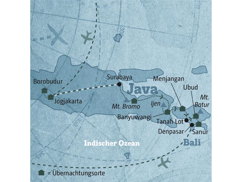 Ihre Reiseroute durch Java und Bali führt Sie zu rauchenden Vulkanen, traumhaften Stränden und malerischen Reiseterrassen. Zu den Highlights zählen die Tempelanlage in Borobudur, Trekking am Mount Bromo, der Meerestempel Tanah Lot und eine Tanzstunde in balinesischem Tanz.