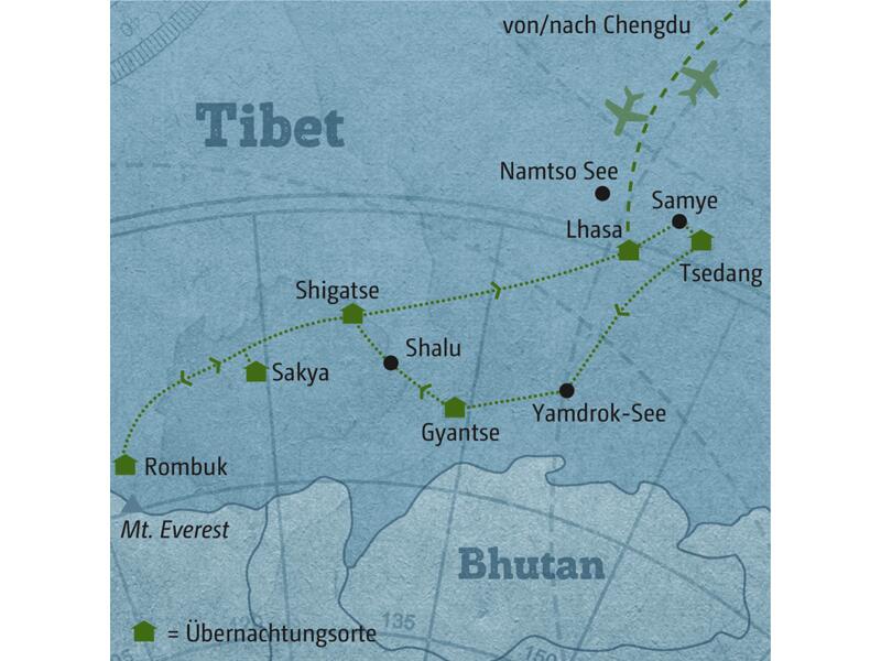 Reisekarte der Marco Polo Individuell Reise 5580 Tibet.