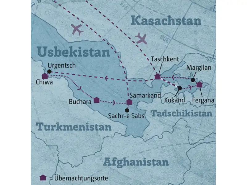 Ihre individuelle Rundreise durch Usbekistan beginnt in Taschkent und führt Sie ins Ferganatal, nach Chiwa, Buchara und Samarkand.