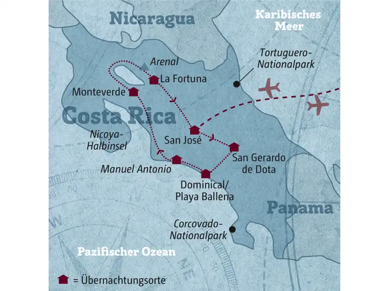 Ihre individuelle Mietwagen-Rundreise durch Costa Rica führt von San José über San Gerardo de Dota und Dominical/Playa Ballena nach Manuel Antonio, weiter über Monteverde nach La Fortuna.