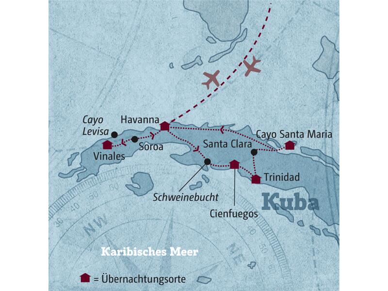 Ihre Reiseroute durch den Westen Kubas mit Beginn in Havanna. Sie besichtigen unter anderem Vinales, Cienfuegos, Trinidad und beenden die Reise auf Cayo Santa Maria zum Baden.