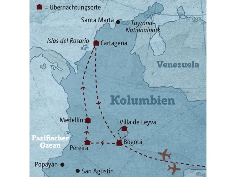 Die Karte zeigt den Verlauf Ihrer individuellen Kolumbien-Rundreise: Bogotá, Villa de Leyva, Pereira, Medellín, Cartagena.