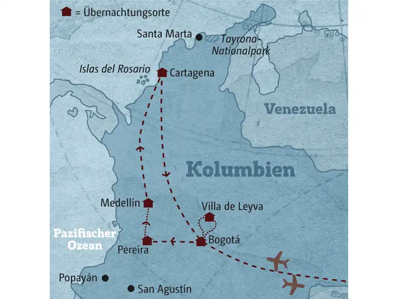 Die Karte zeigt den Verlauf Ihrer individuellen Kolumbien-Rundreise: Bogotá, Villa de Leyva, Medellín, Cartagena.