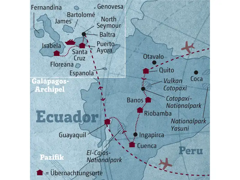 Diese individuelle Rundreise führt Sie von Quito über Banos, Riobamba und Cuenca nach Guayaquil und anschließend auf die Galápagos-Inseln.