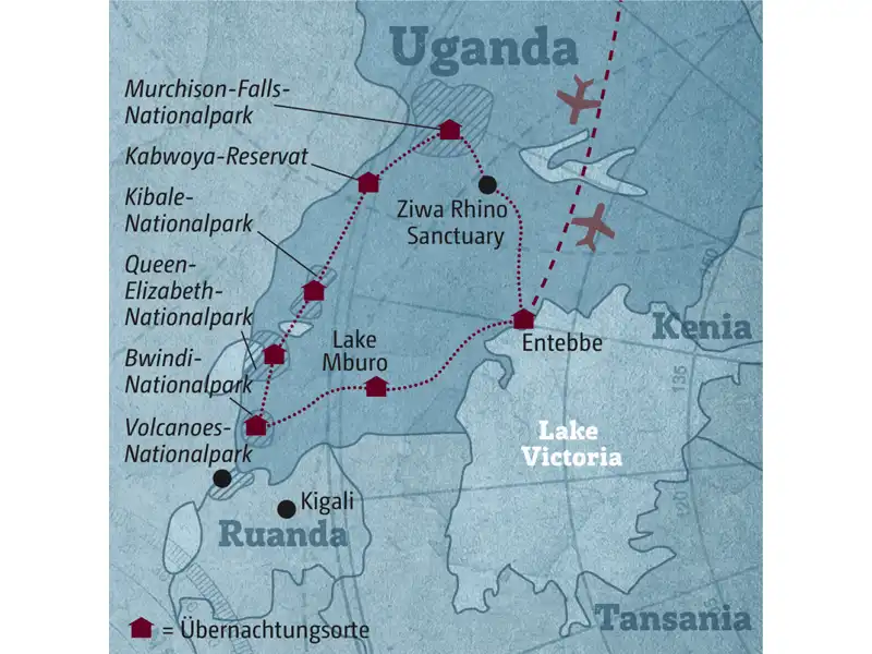 Die Reiseroute der individuellen Rundreise durch Uganda startet in Entebbe und führt über den Murchison-Falls-Nationalpark, den Kibale-Nationalpark und den Queen-Elizabeth-Nationalpark in den Bwindi-Nationalpark wo Sie die Bergorillas in ihrem natürlichen Lebensraum beobachten können.