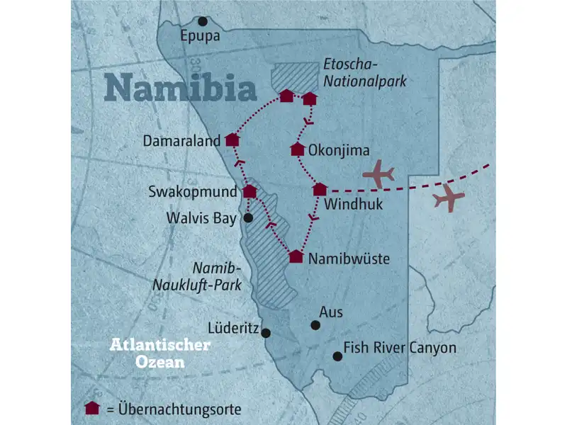 Diese Reisekarte zeigt den Verlauf der individuellen Marco Polo Reise Namibia: Windhuk, Namibwüste, Swakopmund, Walvis Bay, Damaraland, Etoscha-Nationalpark.