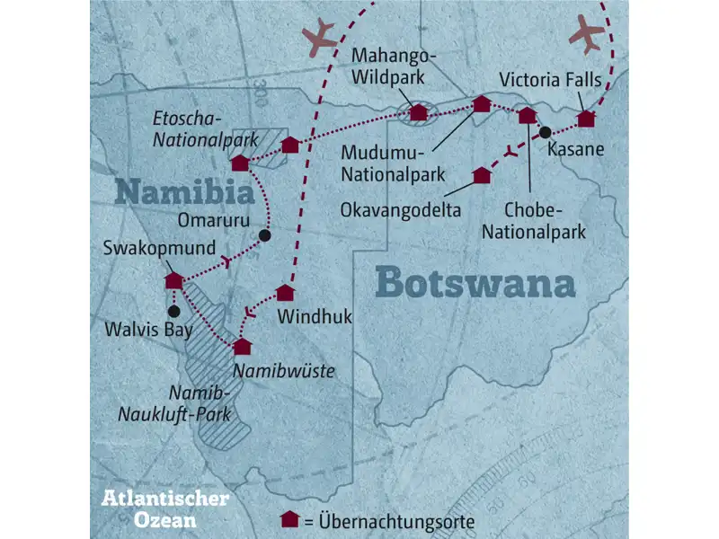 Diese Reisekarte zeigt den Verlauf der individuellen Marco Polo Reise Namibia - Botswana: Windhuk, Namibwüste, Swakopmund, Walvis Bay, Etoscha-Nationalpark, Mahango-Wildpark, Mudumu-Nationalpark, Chobe-Nationalpark, Victoria Falls, Okavangodelta.