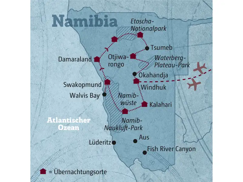 Diese Reisekarte zeigt den Verlauf der individuellen Marco-Polo-Mietwagenreise Namibia: Windhuk, Kalahari, Namibwüste, Swakopmund, Walvis Bay, Twyfelfontein, Etoscha-Nationalpark, Tsumeb, Otjiwarongo.