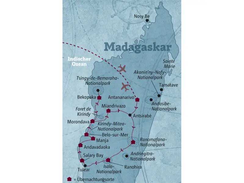 Ihre individuelle Reise durch Madagaskar führt von Antananarivo über den Ranomafana-Nationalpark, den Isalo-Nationalpark, Salary Bay, die Allee der Baobas zu den Tsingys und wieder zurück nach Antananarivo.